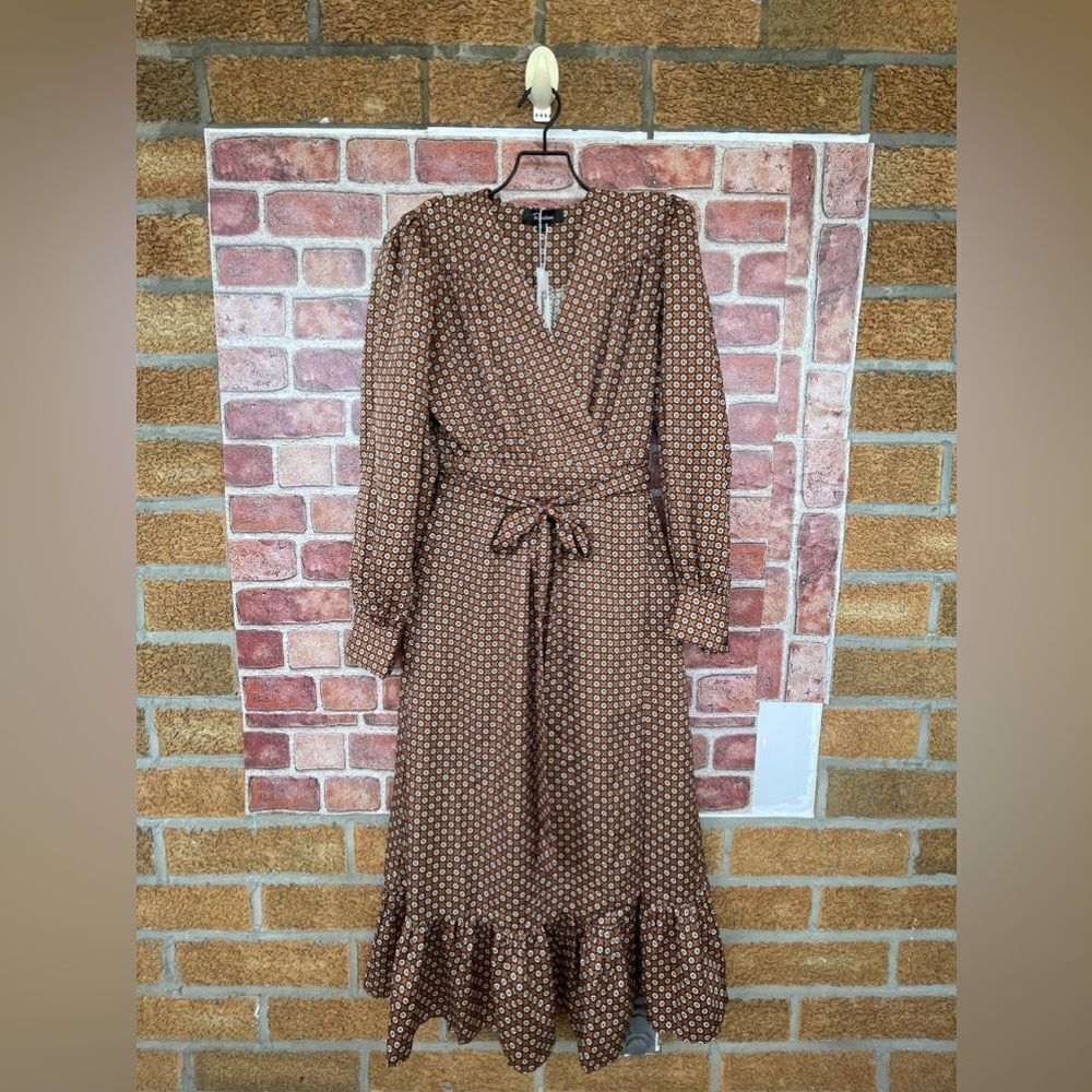 Rosedress Vintage Floral Printed Long Sleeve Ruffle Wrap Midi Dress - Coffee L — image 7 of 8
